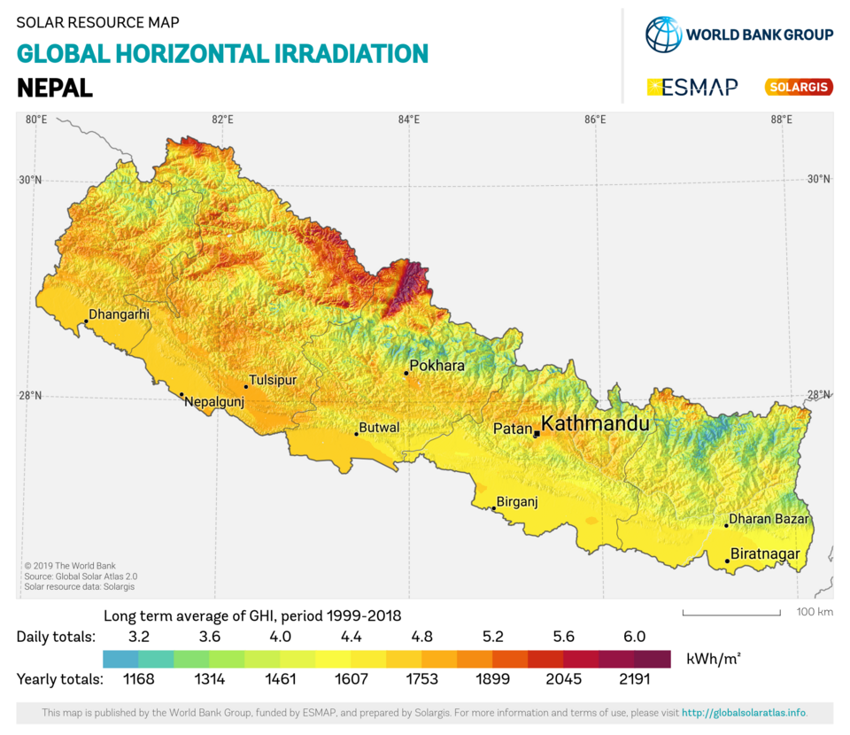 Nepal solar irradiation map labelled diagram**