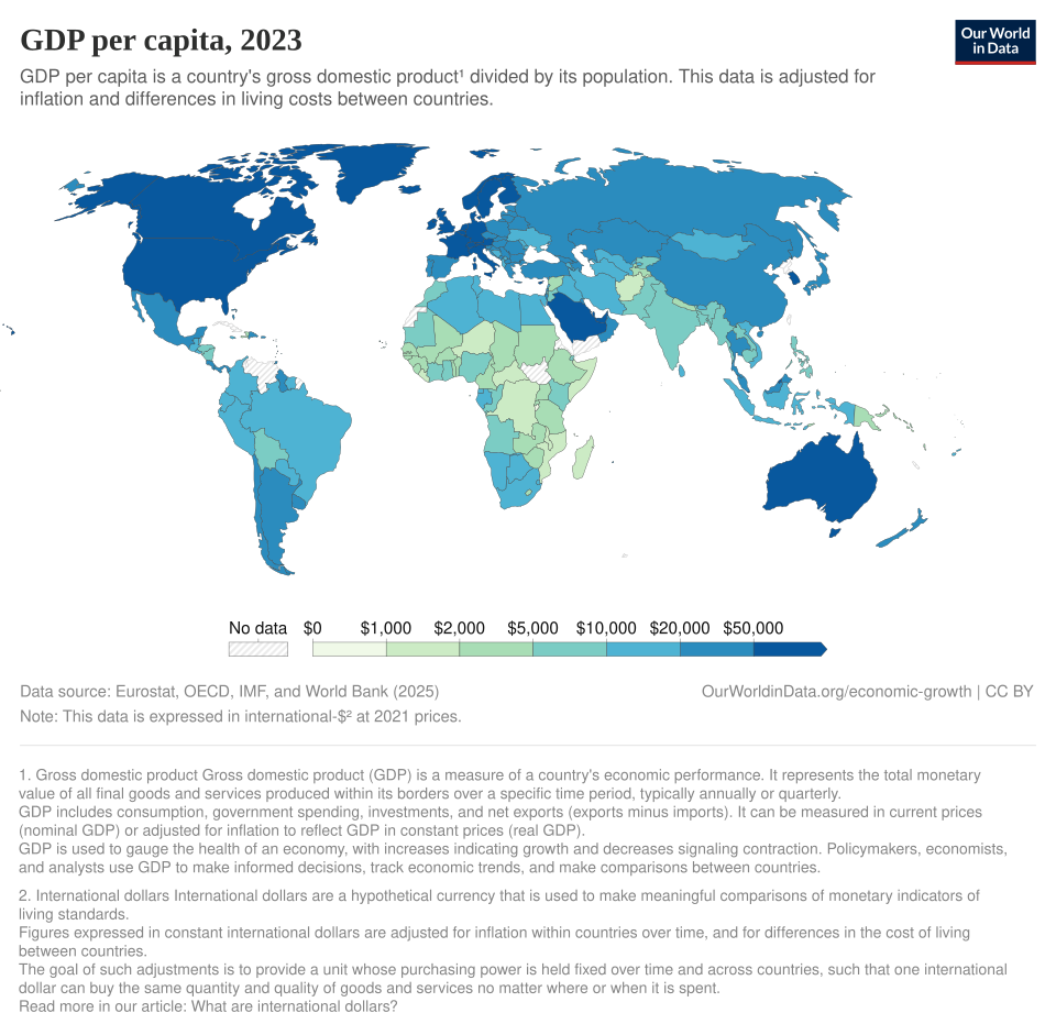 world map showing GDP per capita (2023)