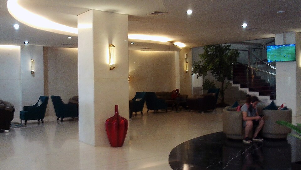 hotel lobby with guests