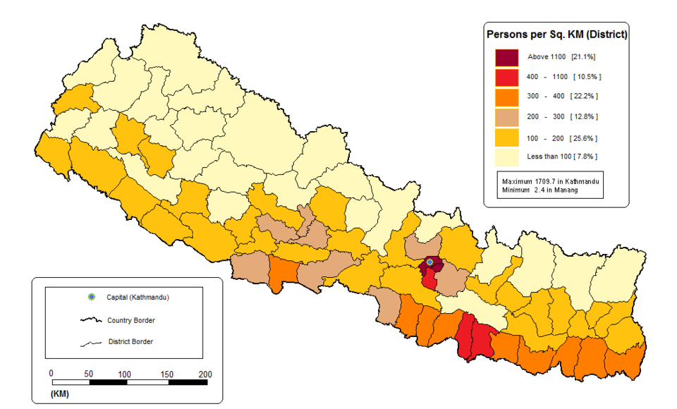 Nepal population density map