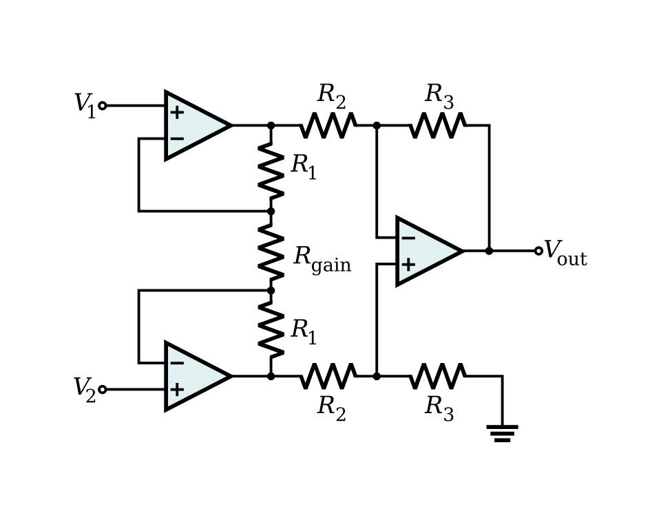 instrumentation amplifier circuit labelled diagram